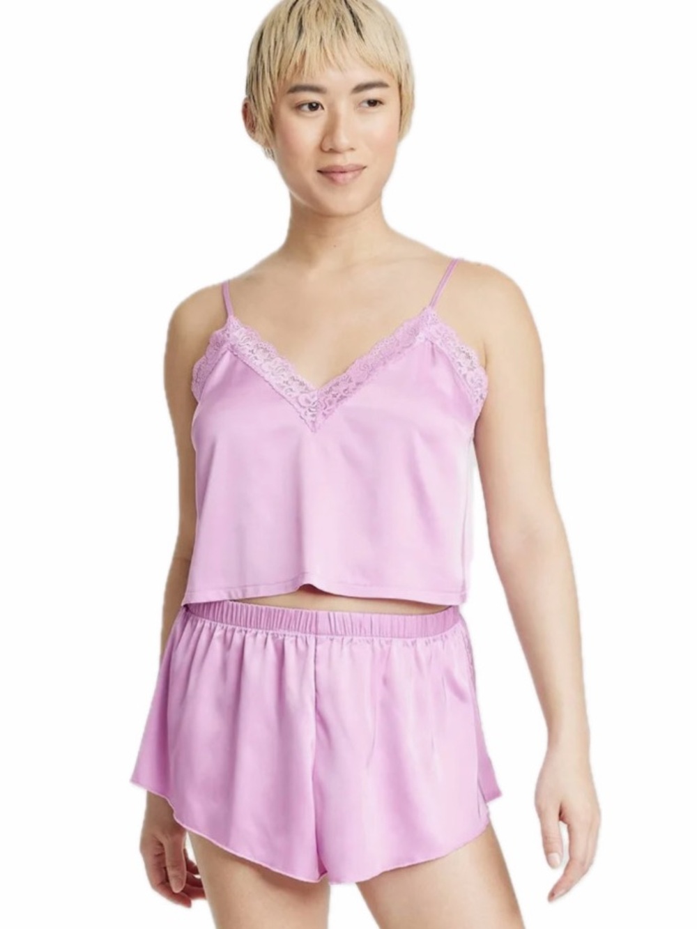 COLSIE WOMEN M TWO-PIECE SATIN PURPLE/PINK LACE TRIM PAJAMA SET PASTEL COMFORT